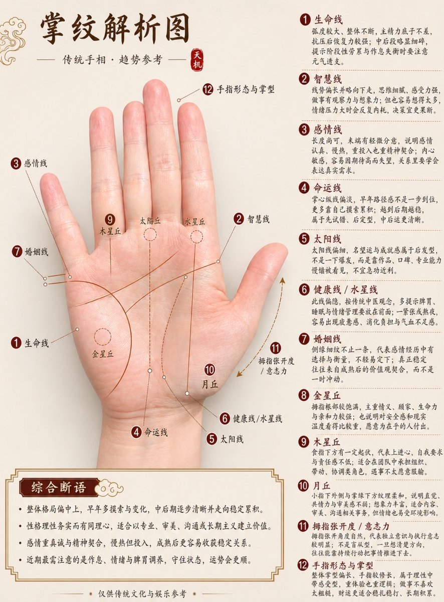 Please generate a high-definition 3:4 ratio Chinese palmistry analysis chart based on the first palm photo I uploaded, …