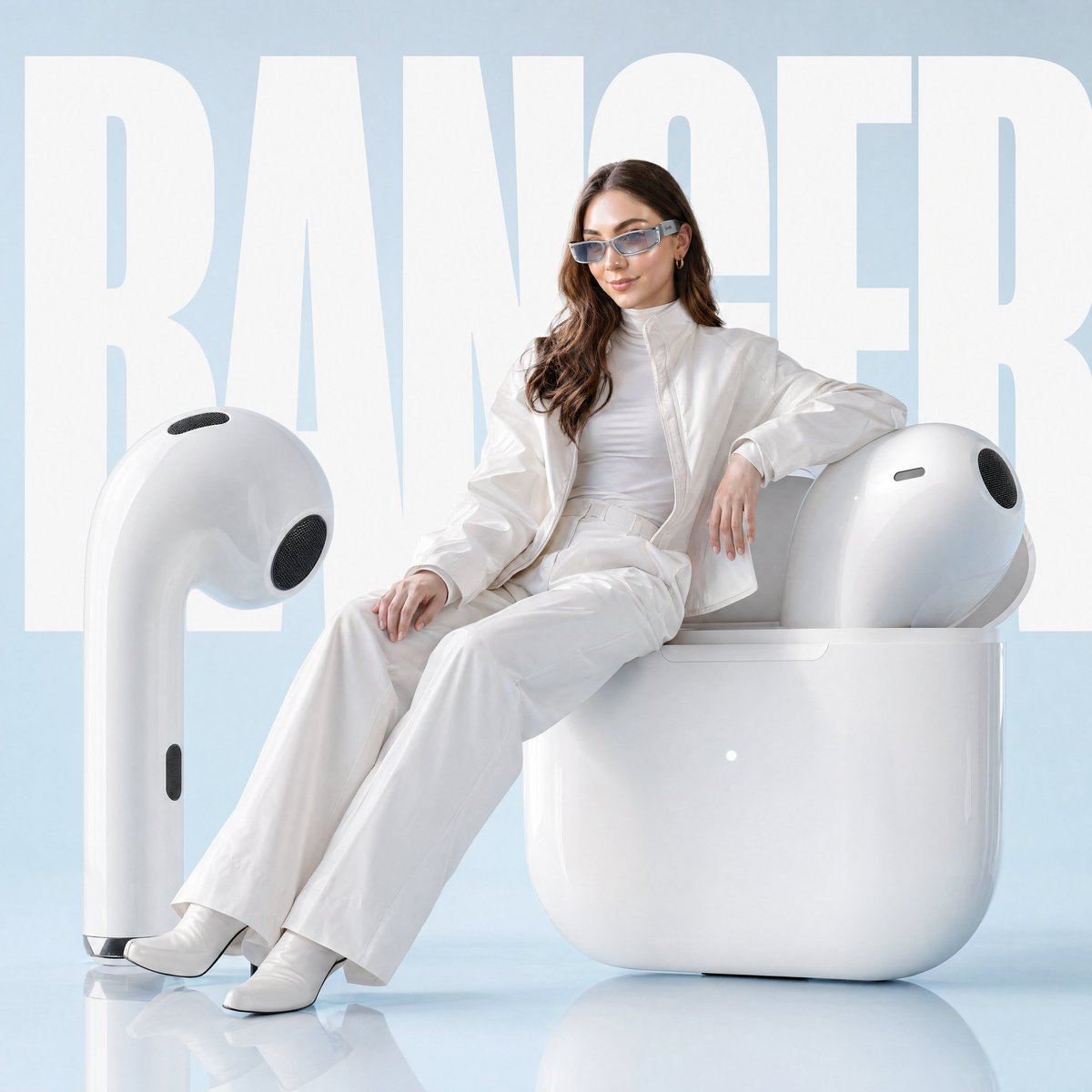 Avant-garde fashion advertisement, oversized {argument name="accessory" default="futuristic airpods"} positioned like s…