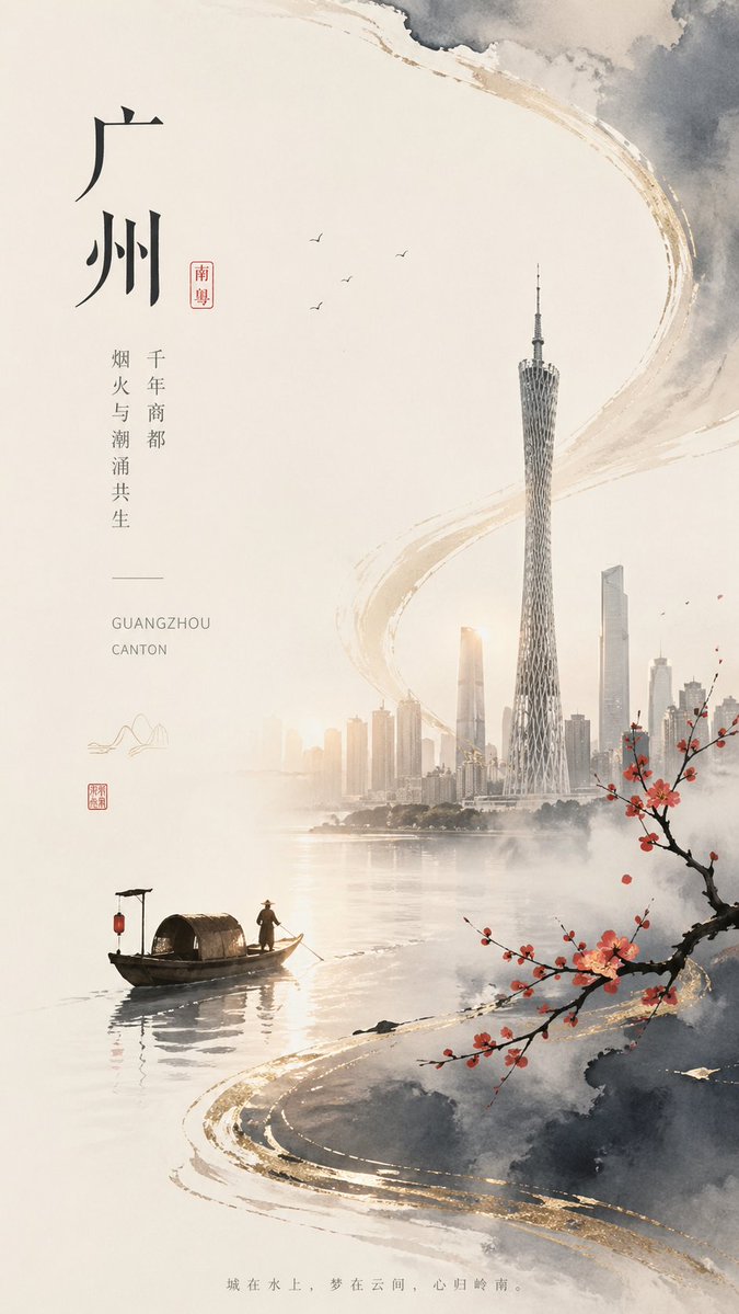 A refined vertical poster in contemporary Chinese ink-wash aesthetics, designed like a cultural city branding cover for…