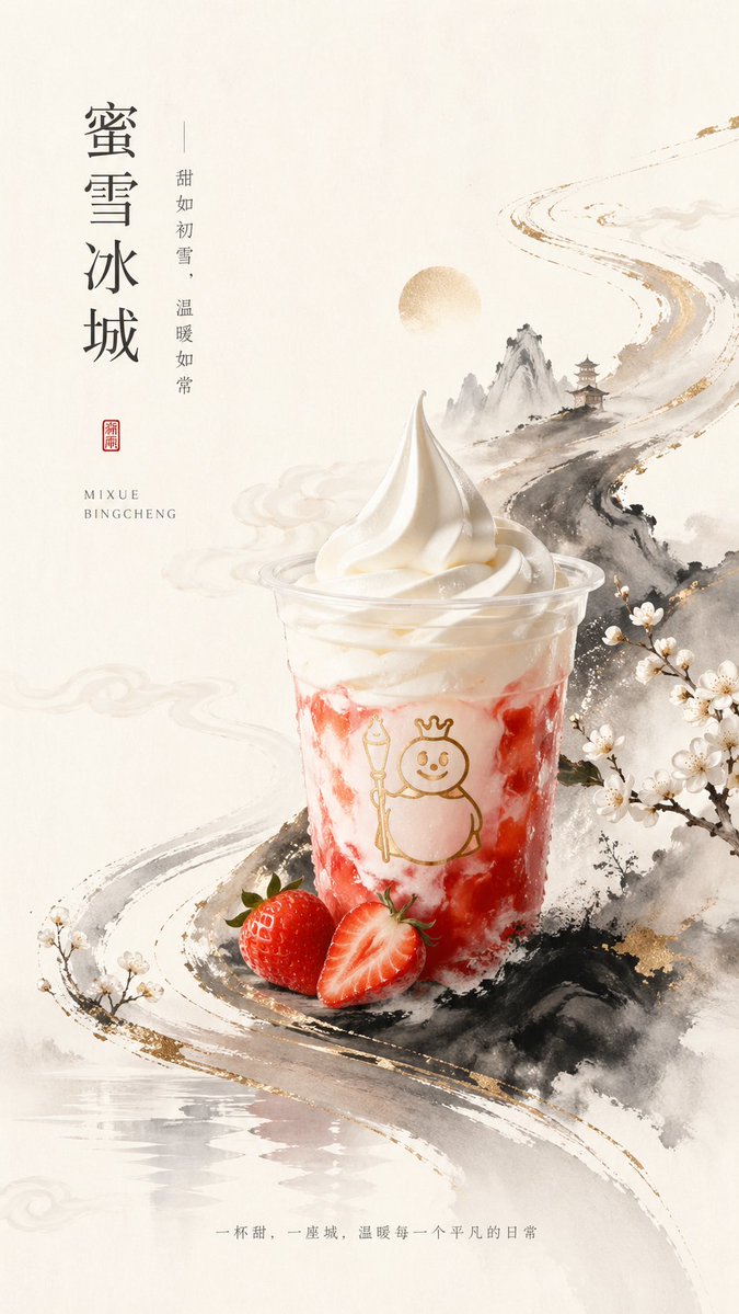 A premium vertical poster advertisement in elegant new Chinese aesthetics, featuring a single plastic cup of strawberry…