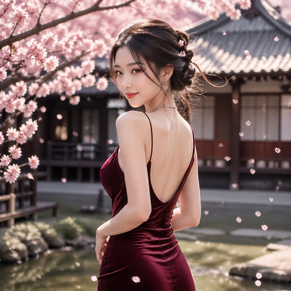 A photorealistic outdoor portrait of an elegant young East Asian woman standing in a traditional Japanese courtyard gar…