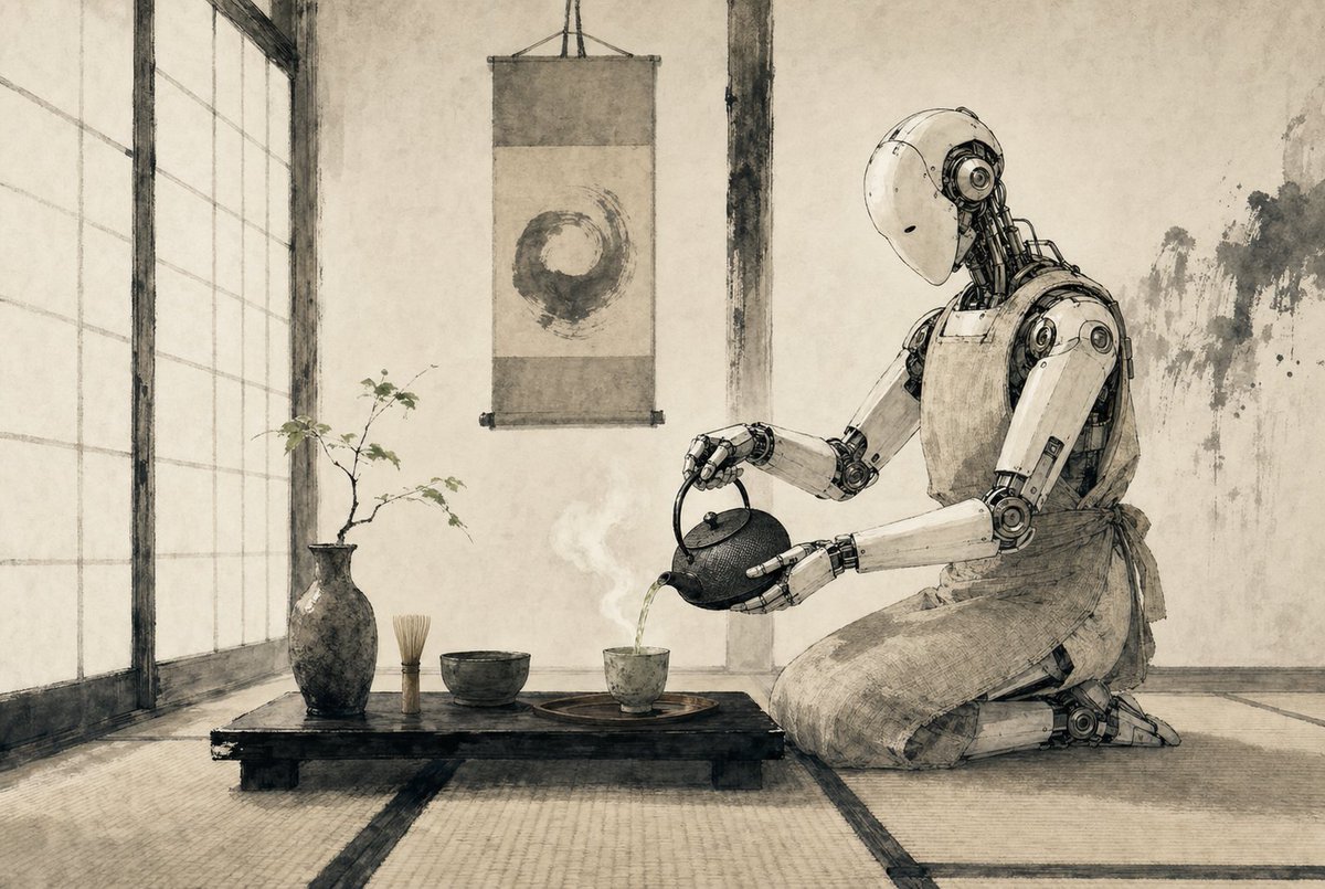 A serene Japanese tea room rendered as a refined monochrome ink-and-wash illustration on aged parchment, with soft sepi…
