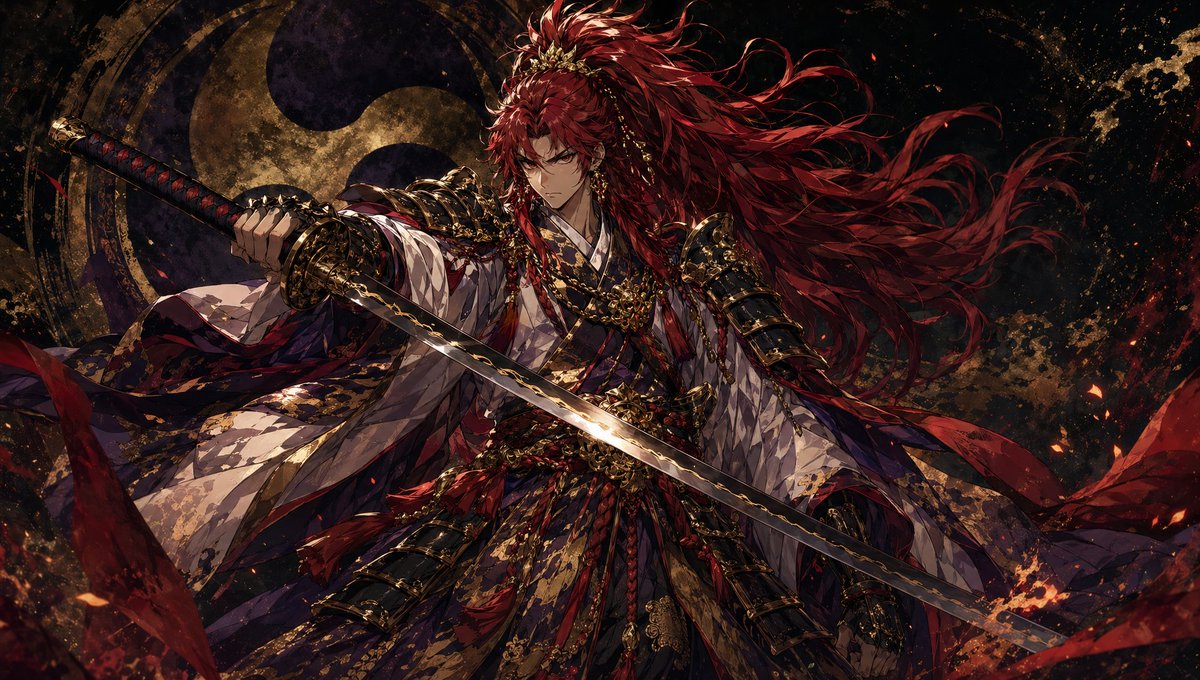 A dramatic dark fantasy anime illustration of a single samurai warlord in a powerful three-quarter full-body pose, cent…