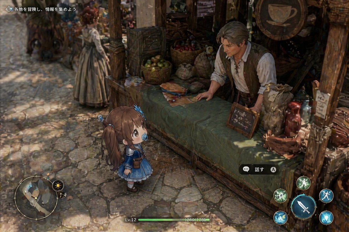 A top-down isometric fantasy RPG gameplay screenshot set in a rustic medieval market street, with a strong tilt-shift d…