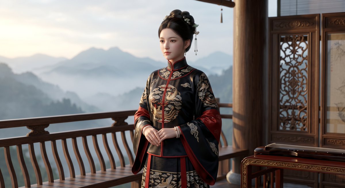 A highly realistic cinematic CG portrait of a graceful young Chinese wuxia heroine standing on a traditional wooden bal…