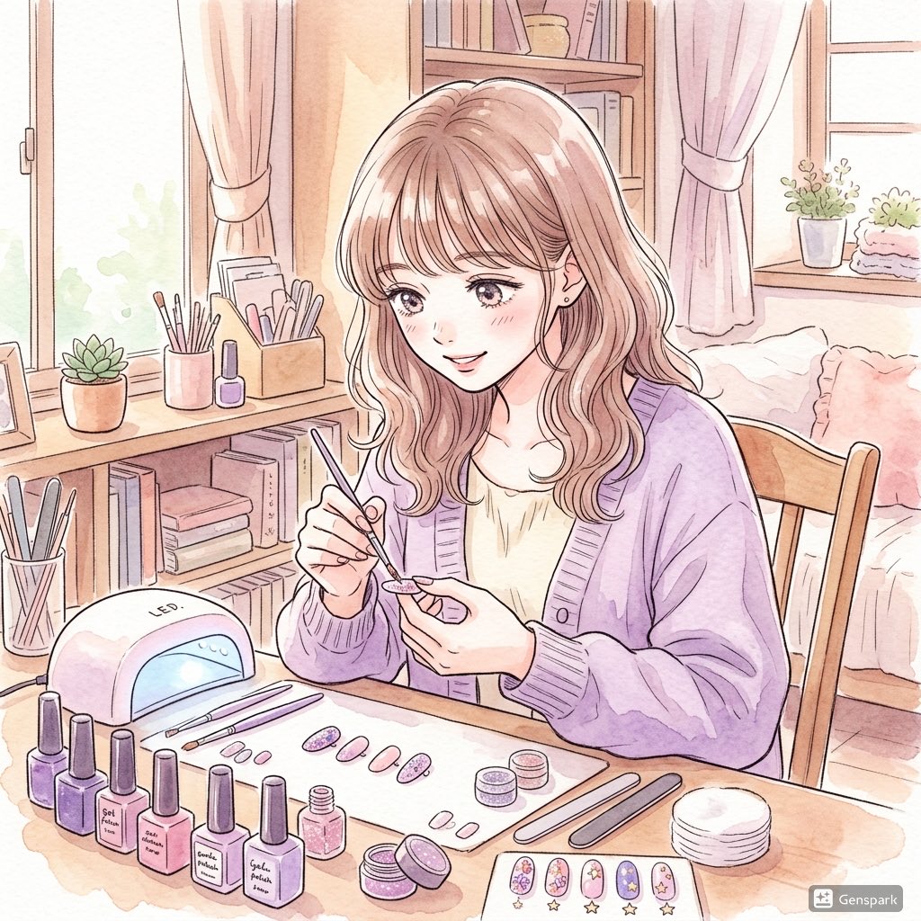 A soft pastel anime-style illustration of a young woman doing nail art at a cozy desk in a sunlit bedroom studio. She i…