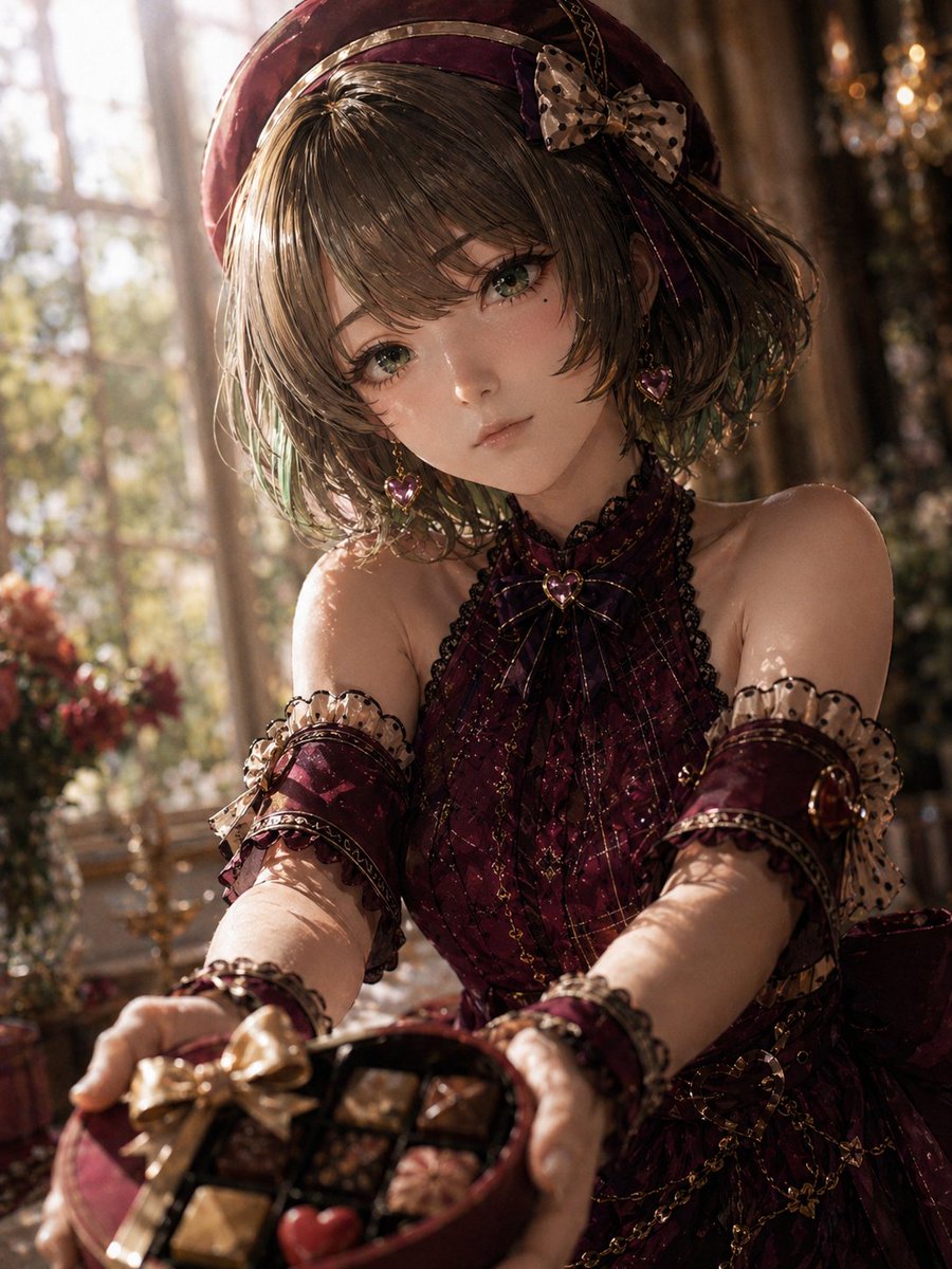 A highly detailed photorealistic portrait of a young Japanese woman styled like an elegant idol-inspired Valentine char…