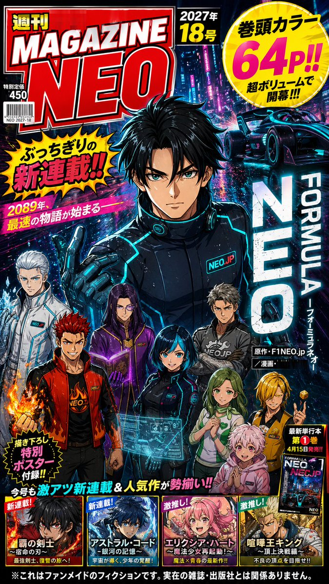 Create a dramatic Japanese weekly manga magazine cover, glossy print design, packed and chaotic like a real shonen maga…