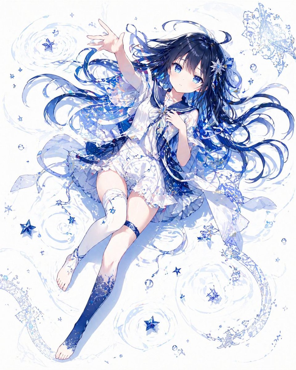 A full-body anime illustration of a dreamy celestial girl floating diagonally across a pure white background, viewed fr…