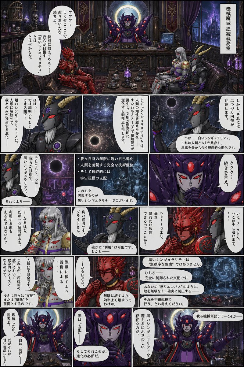 {"type":"dark sci-fi manga page","style":"high-detail Japanese comic page, gothic cyber-fantasy, polished digital paint…