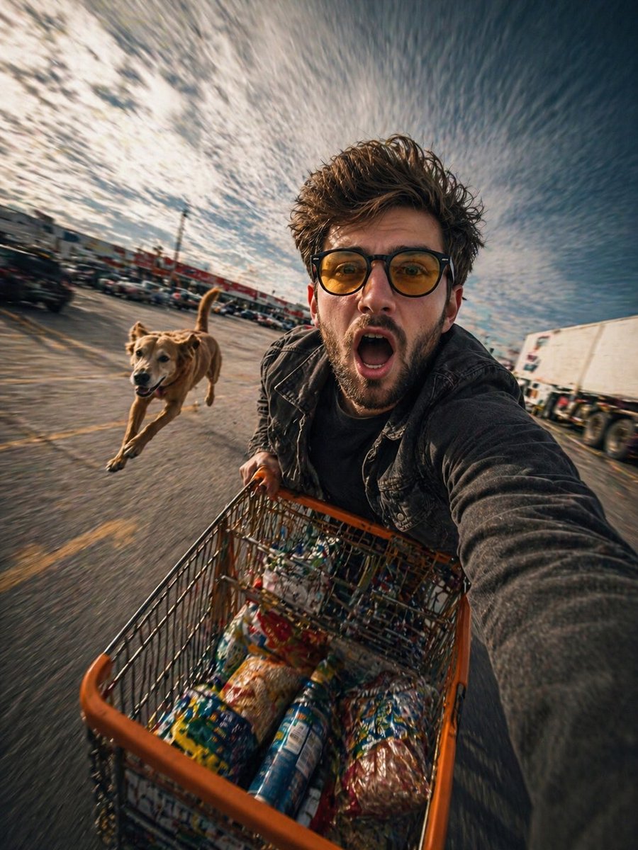 Ultra-realistic dynamic wide-angle selfie shot of a young man wearing {argument name="sunglasses style" default="yellow…