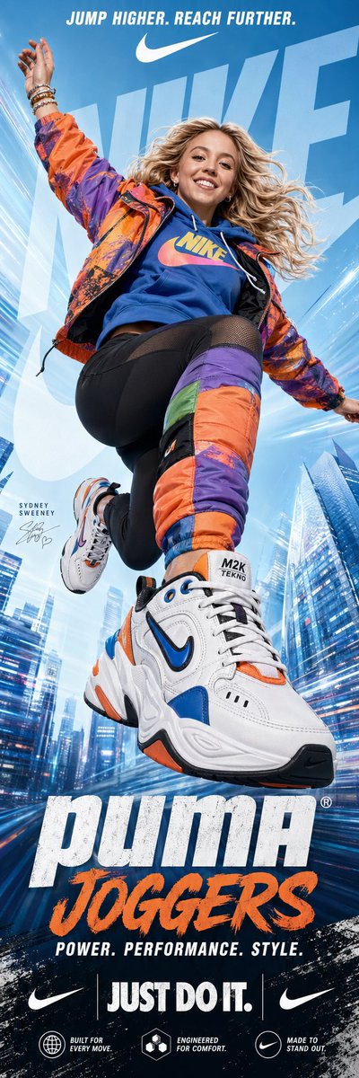 A dynamic, vertical advertising poster for {argument name="product" default="Nike Joggers"} featuring {argument name="c…