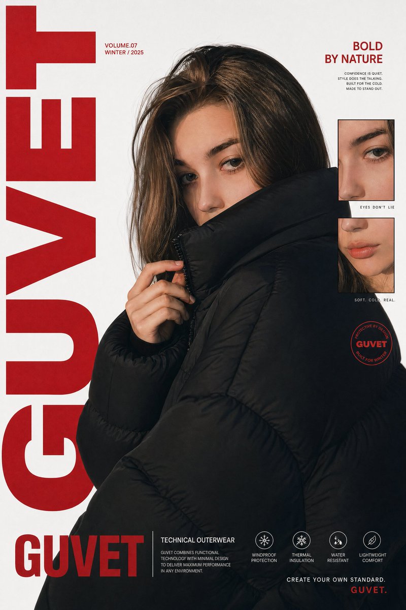 A bold fashion editorial poster featuring a young woman model in a close-up half-body portrait, wrapped in an oversized…