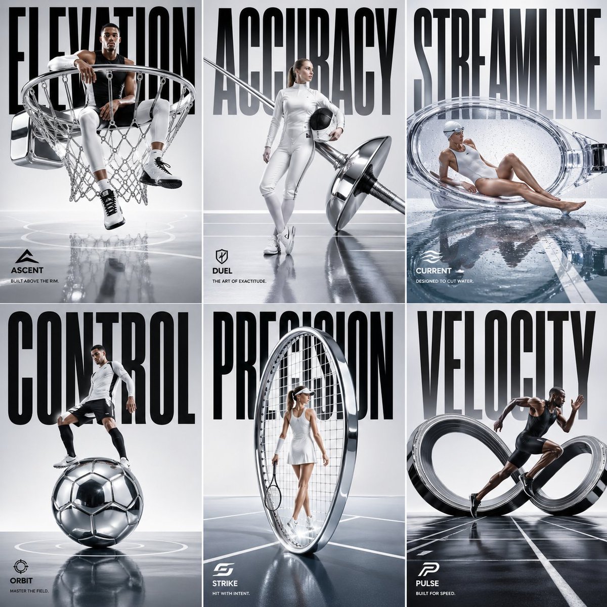 {"type":"avant-garde luxury sportswear campaign poster","format":"square 2x3 grid editorial layout","style":"Swiss-styl…