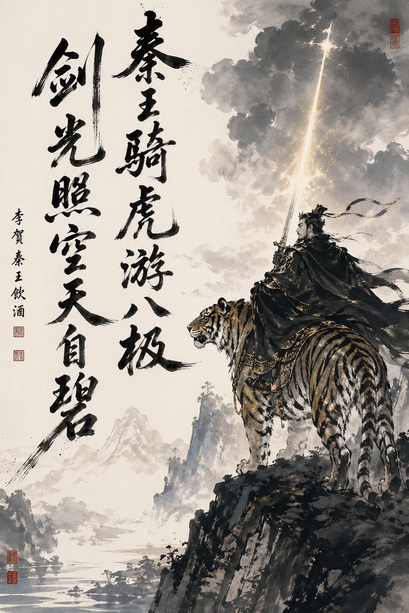 A dramatic vertical Chinese ink-wash fantasy painting on warm off-white rice paper, combining monumental calligraphy wi…