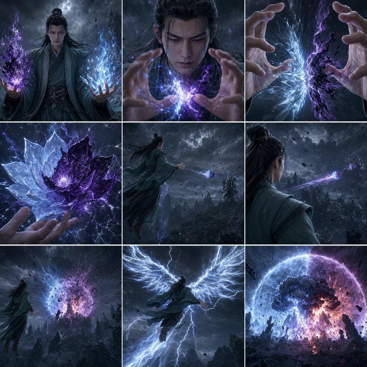{"type":"cinematic fantasy storyboard grid","style":"dark xianxia-inspired high fantasy, ultra-detailed, dramatic storm…
