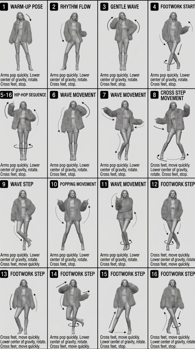 {"type":"16-panel dance motion sheet","purpose":"reference board for animation or motion generation","style":"clean mon…