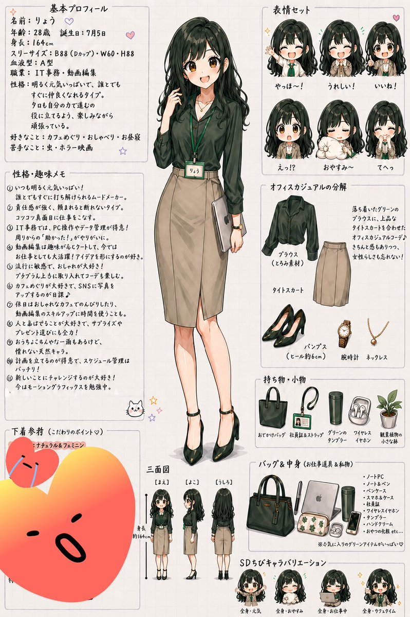 { "type": "anime character reference sheet", "style": "clean hand-drawn Japanese design sheet, soft watercolor-like sha…