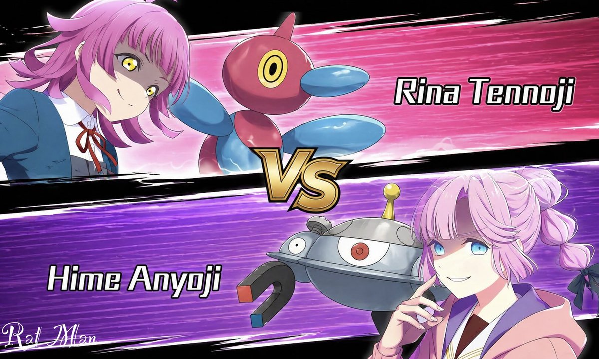 A dynamic anime versus screen styled like a Pokémon battle intro, split diagonally into 2 opposing horizontal panels wi…