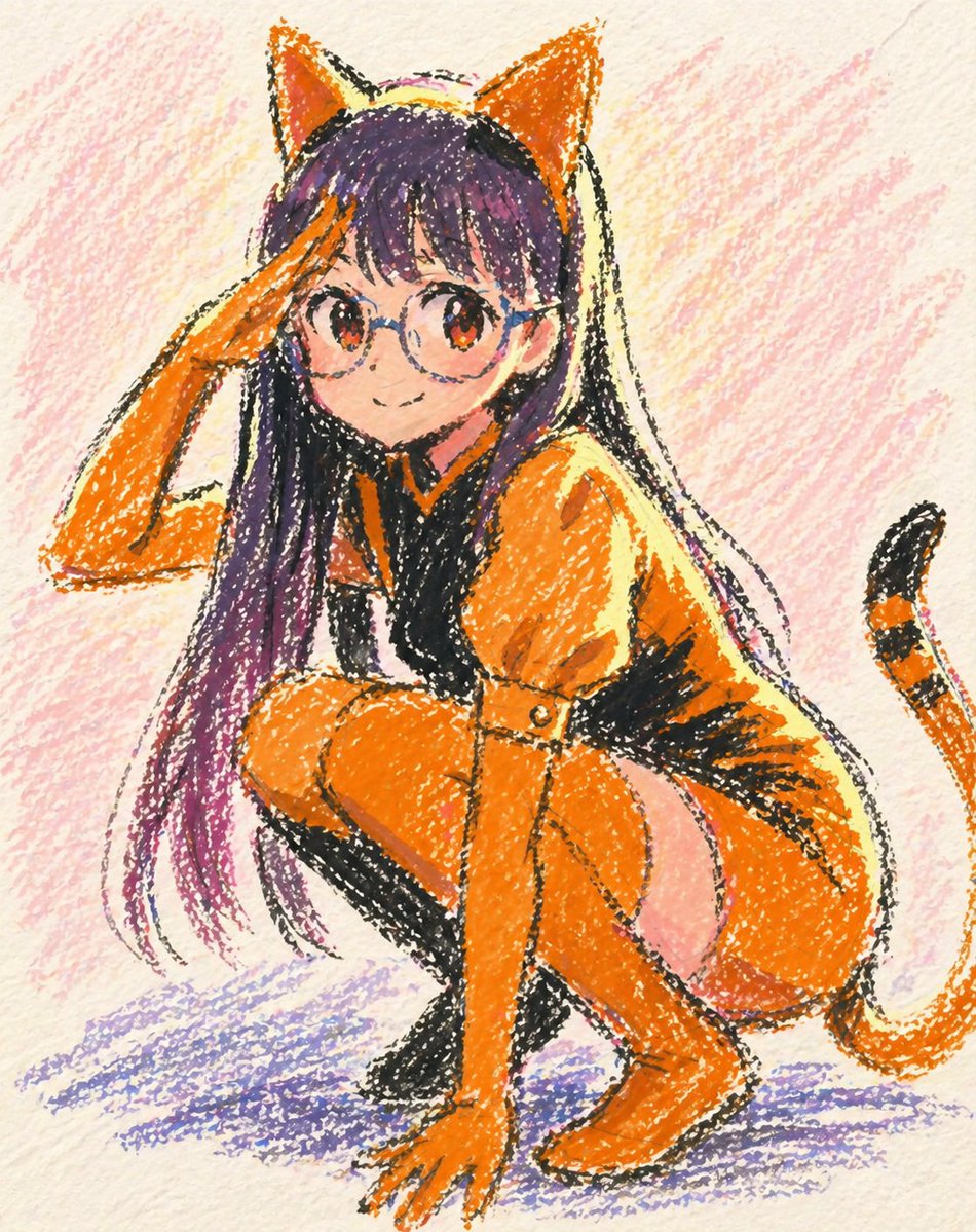 A cute anime catgirl crouching low in a playful pose, drawn as a hand-made oil pastel illustration on textured off-whit…
