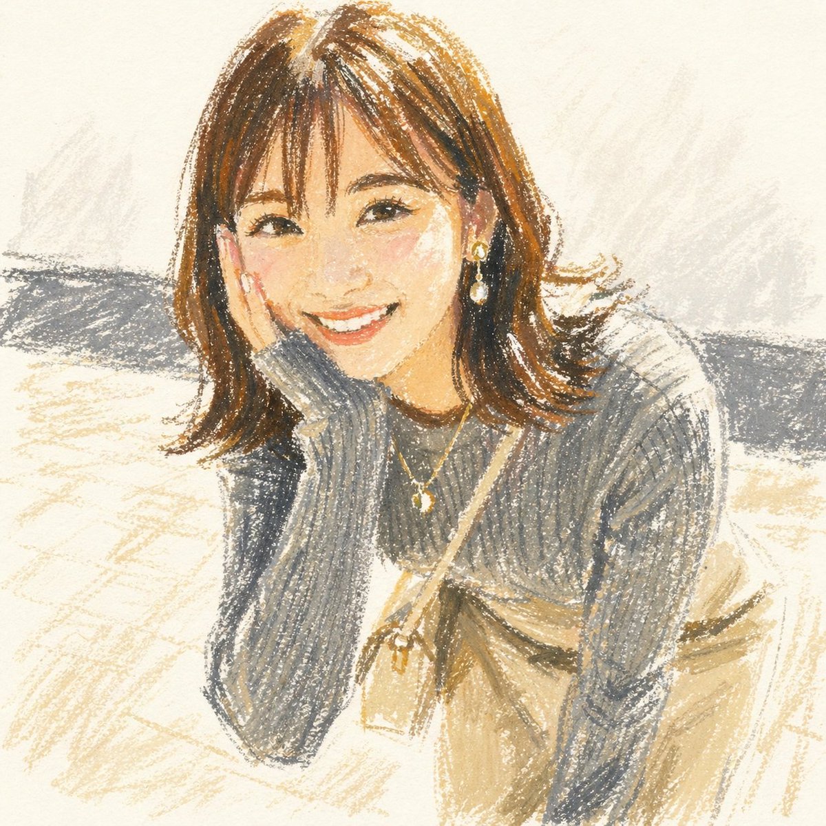 A soft, cute oil pastel portrait illustration of a young woman sitting indoors, drawn in a handmade crayon-like style w…