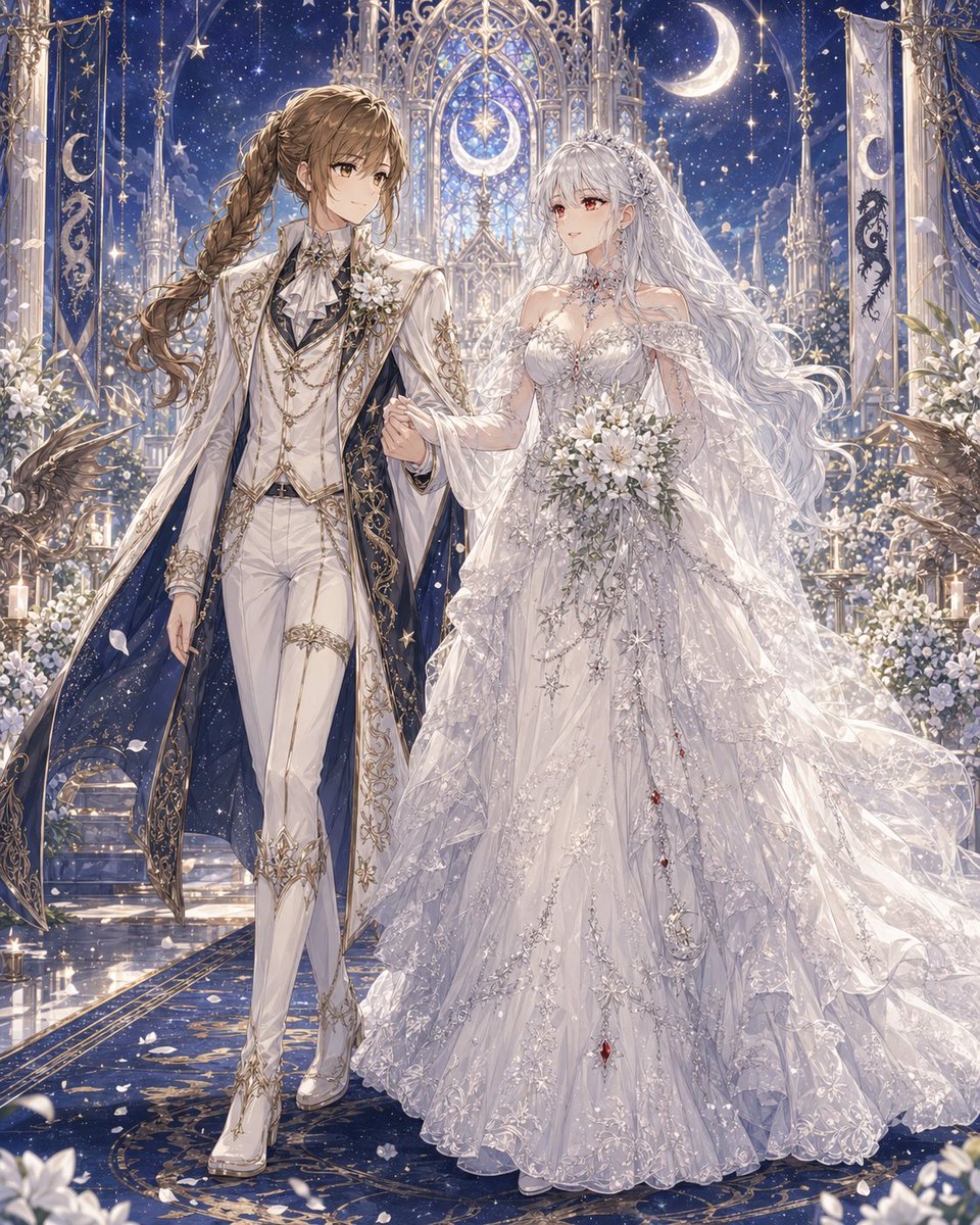 A lavish fantasy yuri wedding illustration in a highly detailed anime style, full-body portrait of two brides walking a…
