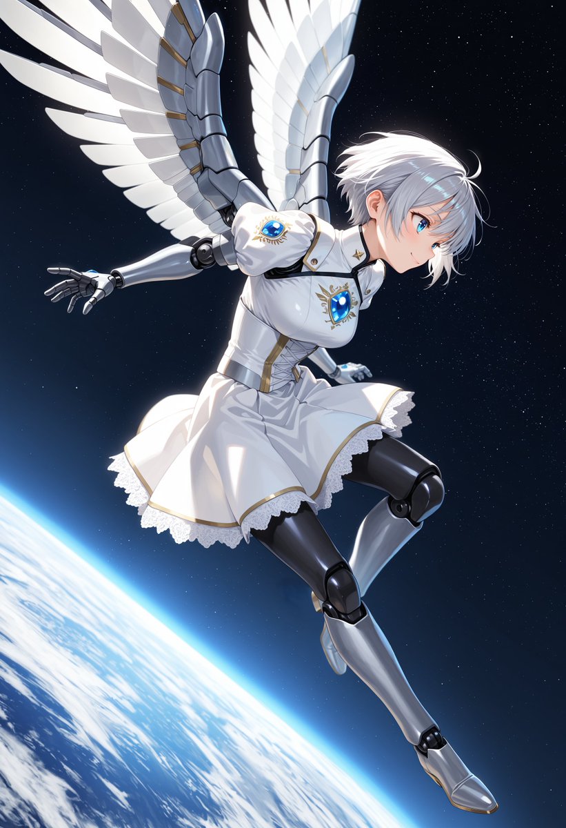 A dynamic anime-style full-body illustration of a futuristic angelic android girl floating in outer space above Earth, …