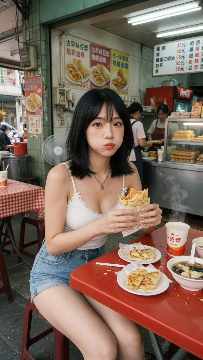 A candid street-food cafe photo in a narrow old Taiwanese breakfast shop, shot in a realistic smartphone-photo style wi…