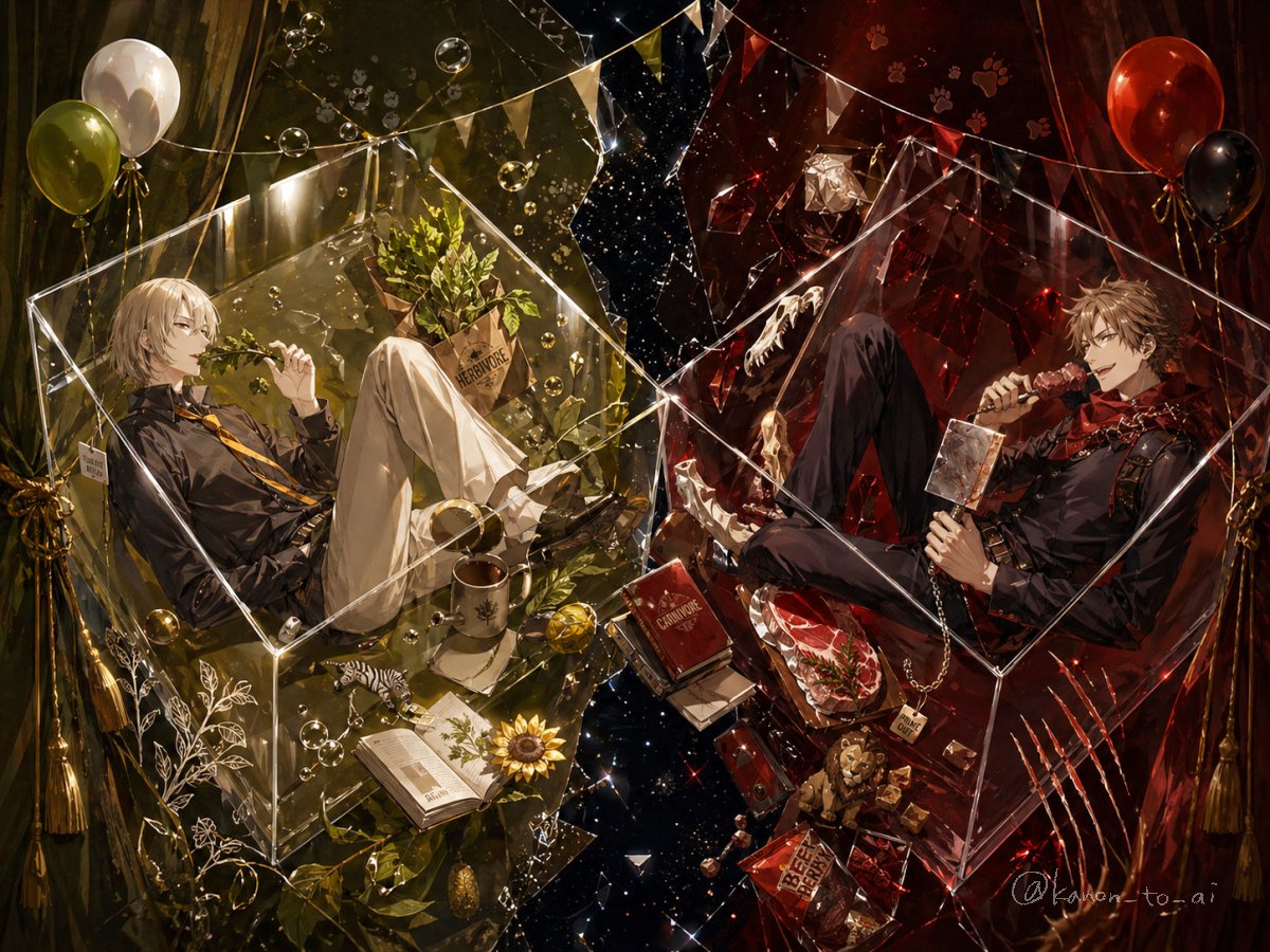 A highly detailed fantasy anime illustration of two young men reclining inside separate transparent crystal-like displa…