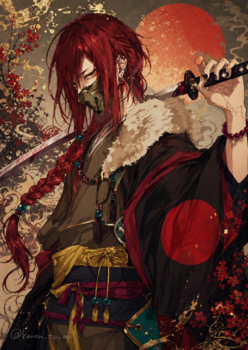 A dramatic anime-style portrait of a lone swordsman with an androgynous, elegant presence, shown from mid-thigh up in a…