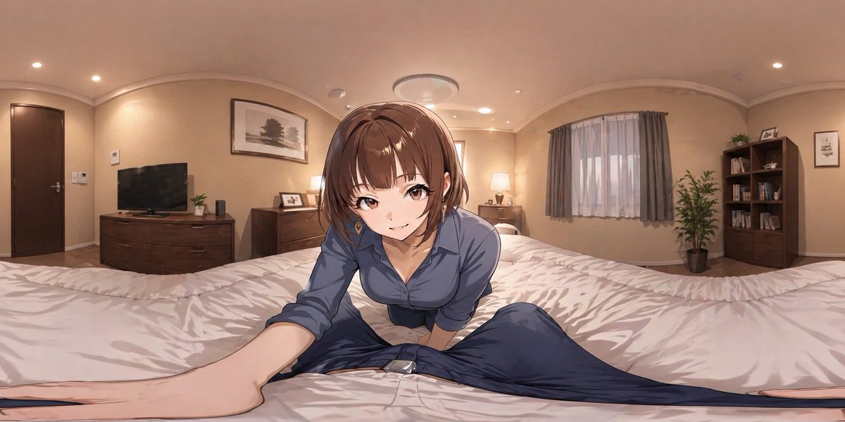 A 360-degree equirectangular anime-style VR bedroom scene viewed from a first-person perspective on a bed, with a young…