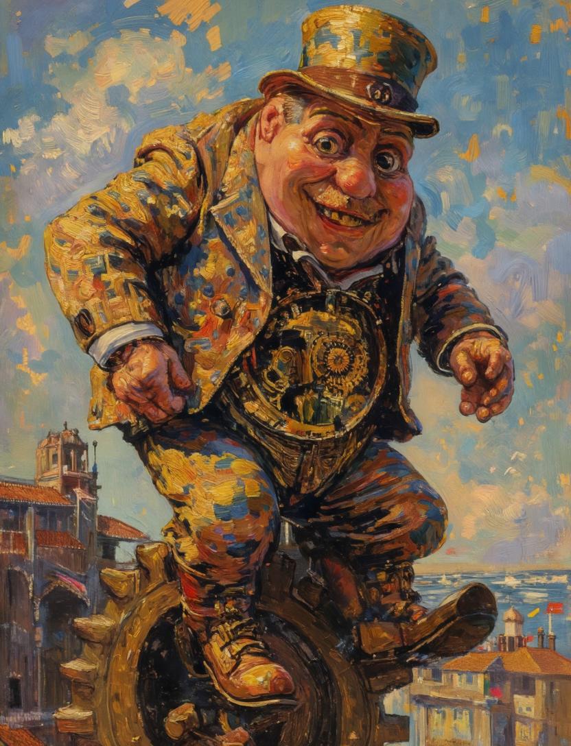 A surreal impasto oil painting in the spirit of a late-19th-century post-impressionist masterpiece, showing a stout gen…