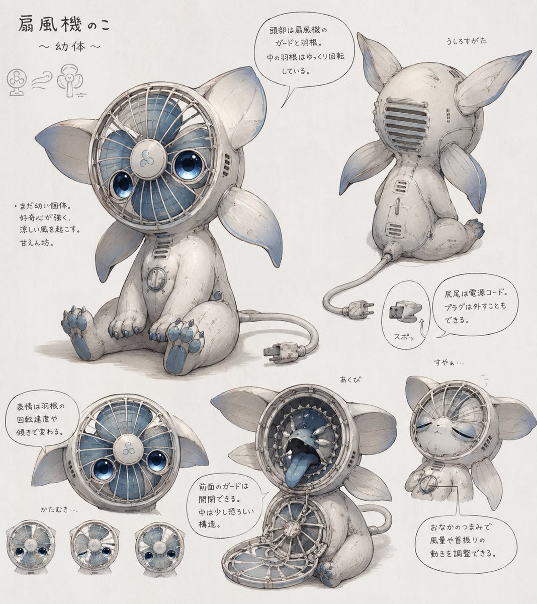 {"type":"concept art character reference sheet","subject":"cute inorganic creature based on an electric desk fan","styl…