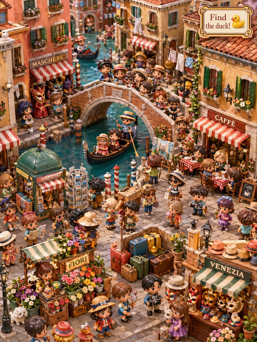 A highly detailed isometric miniature diorama illustration of a lively Venetian canal square in warm golden daylight, r…