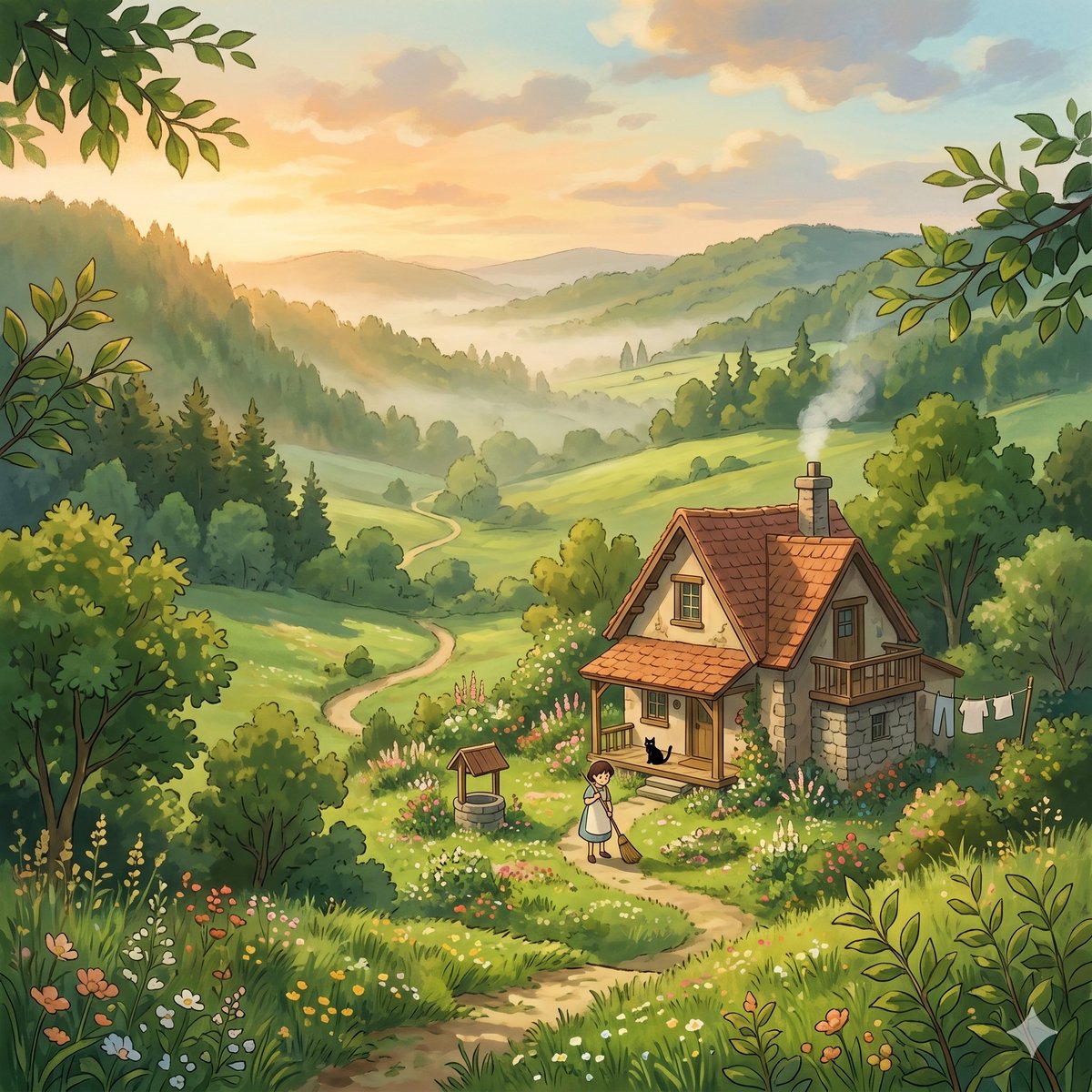 A cozy storybook-style countryside illustration at golden-hour sunrise, painted in a soft whimsical digital gouache and…