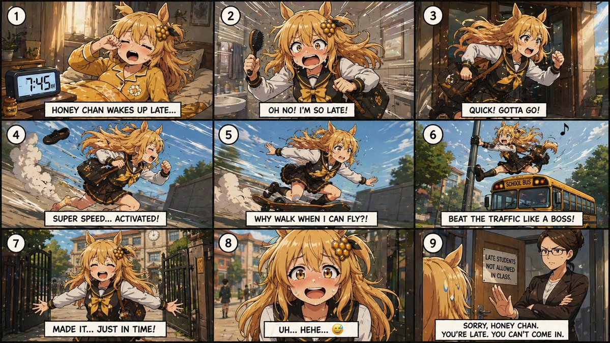 {"type":"9-panel anime comic strip","style":"dynamic manga-inspired anime illustration with warm cinematic lighting, pa…