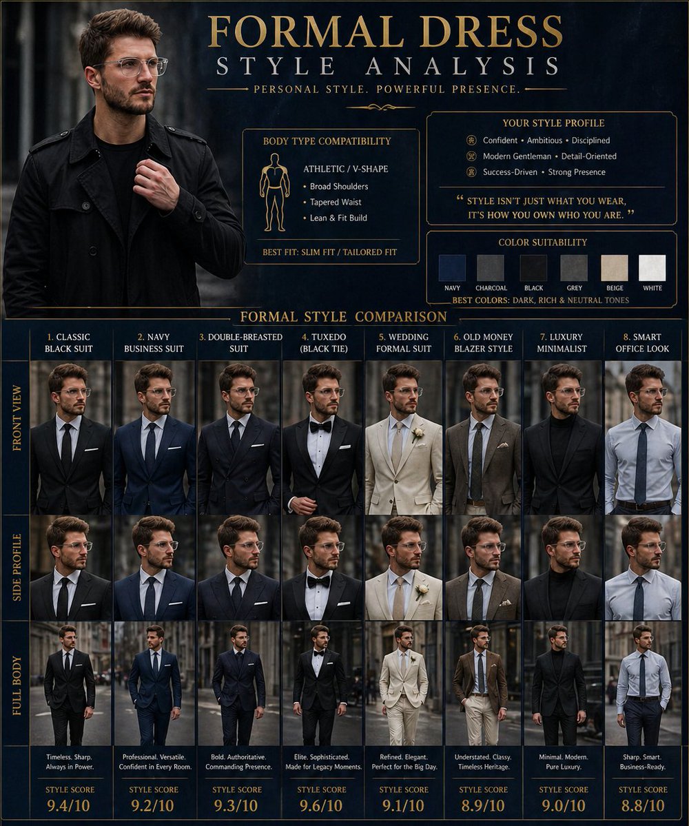Create a premium “{argument name="poster title" default="FORMAL DRESS STYLE ANALYSIS"}” poster featuring {argument name…
