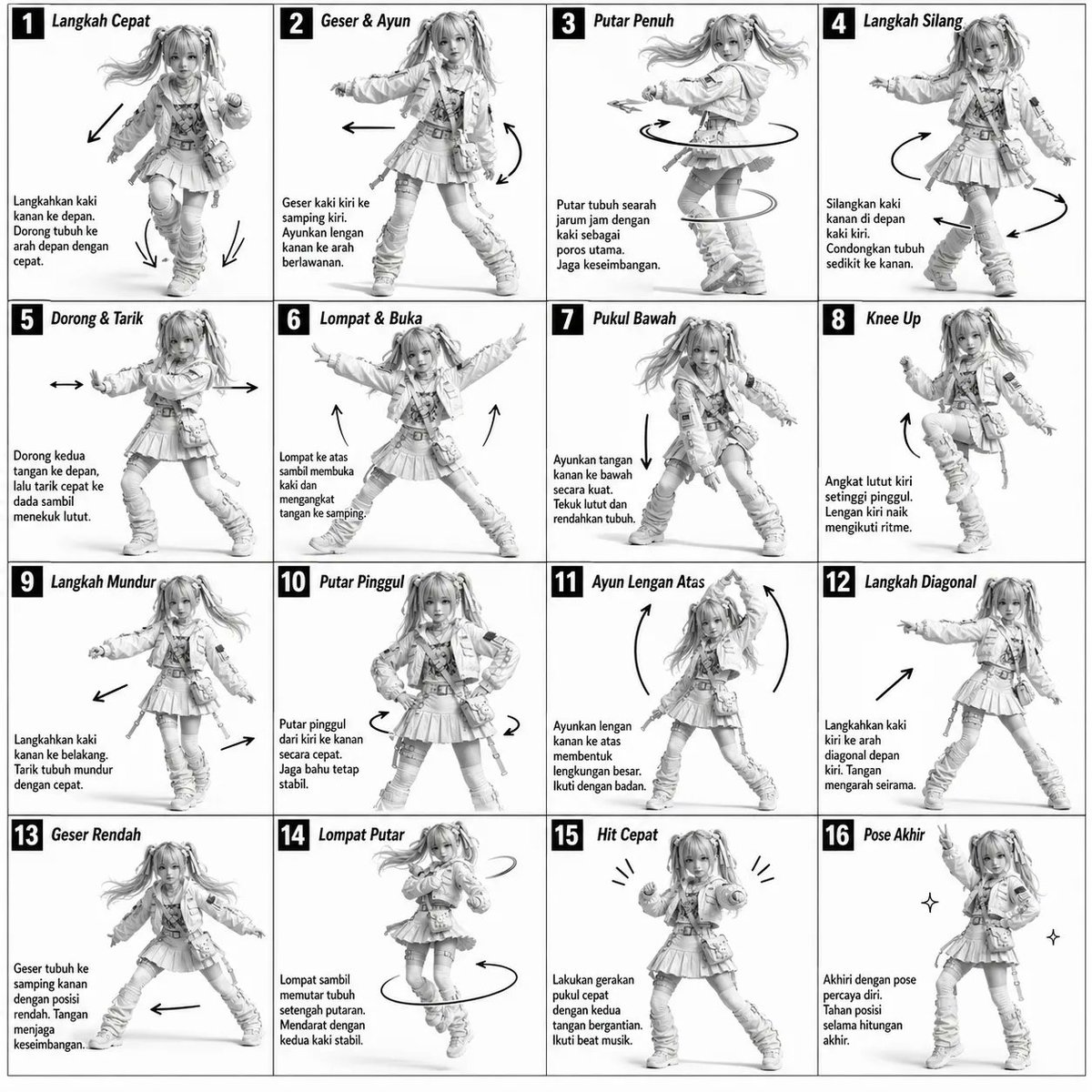 Monochromatic grayscale illustration, 3D-rendered character, clean instructional reference sheet. White background, com…