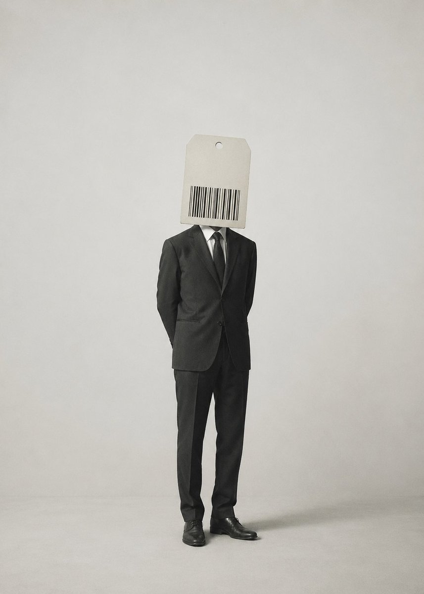 Surrealist satirical illustration, minimalist composition. A single standing figure. The head is not a face, but replac…