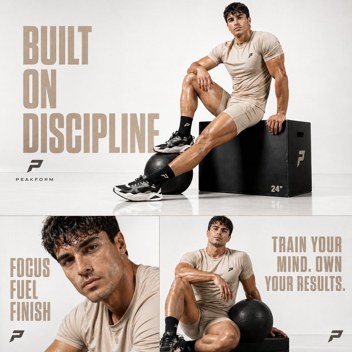 Cinematic luxury fitness editorial, ultra-clean white studio background with soft gradient falloff, minimal texture, hi…