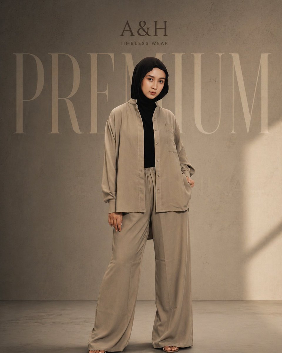 A cinematic fashion editorial shot of a modest female model wearing a {argument name="outfit" default="loose tunic set …