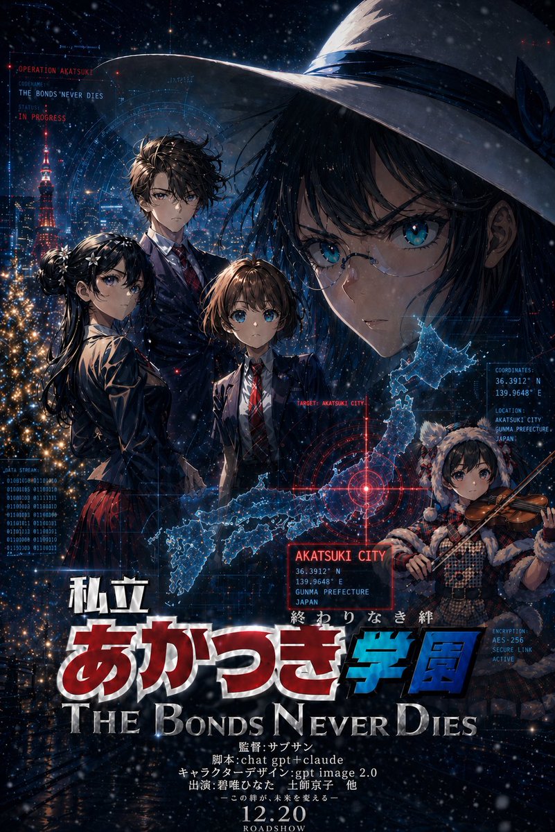 A dramatic Japanese movie poster in a polished anime-cinematic style, vertical one-sheet composition, set at night over…