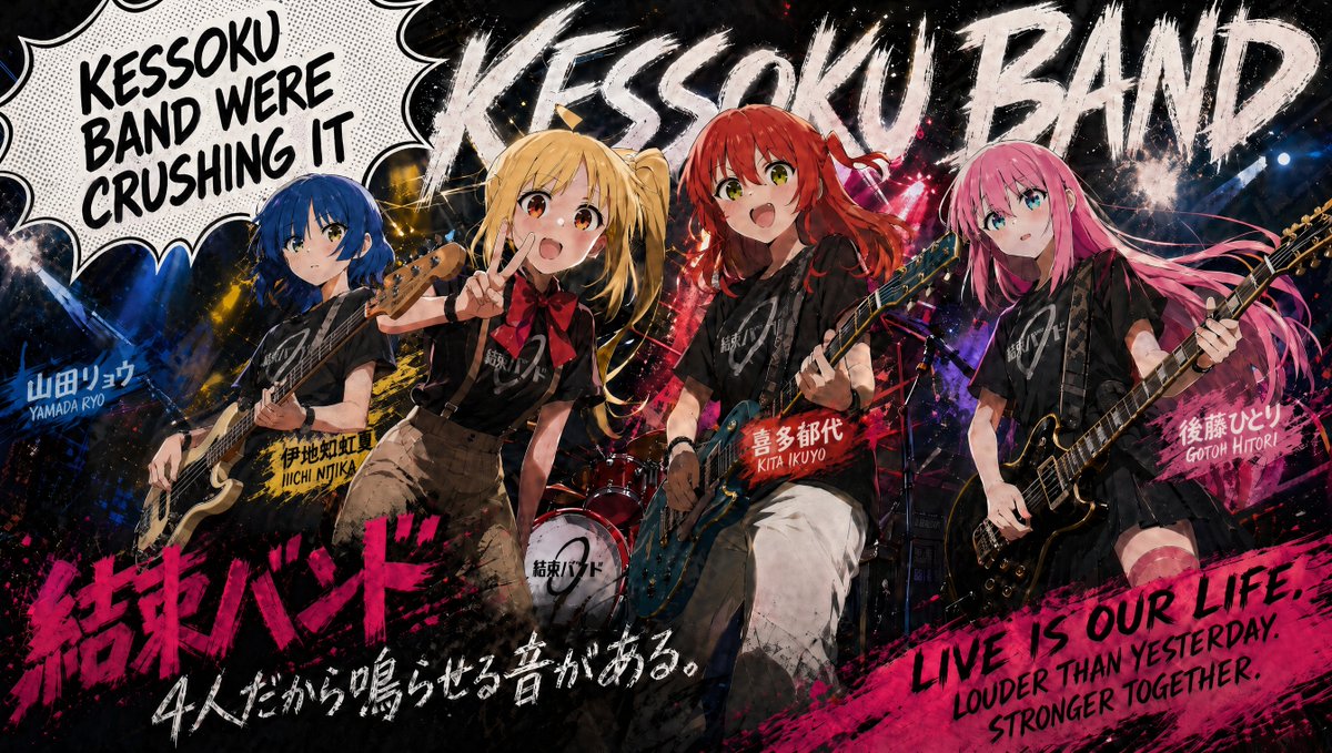 A dramatic anime rock-band poster in a gritty splash-ink promotional style, featuring the four girls of Kessoku Band on…