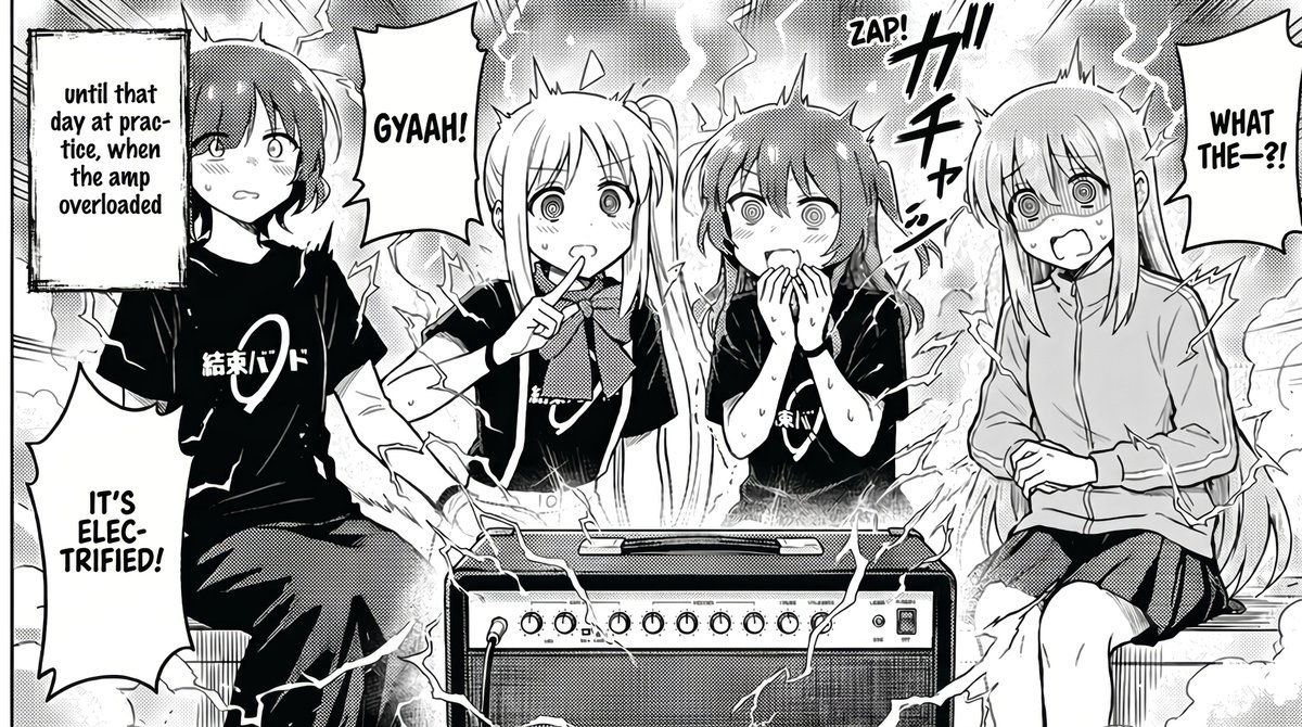 A black-and-white manga comic panel in a dramatic shonen gag style, showing {argument name="band name on shirts" defaul…