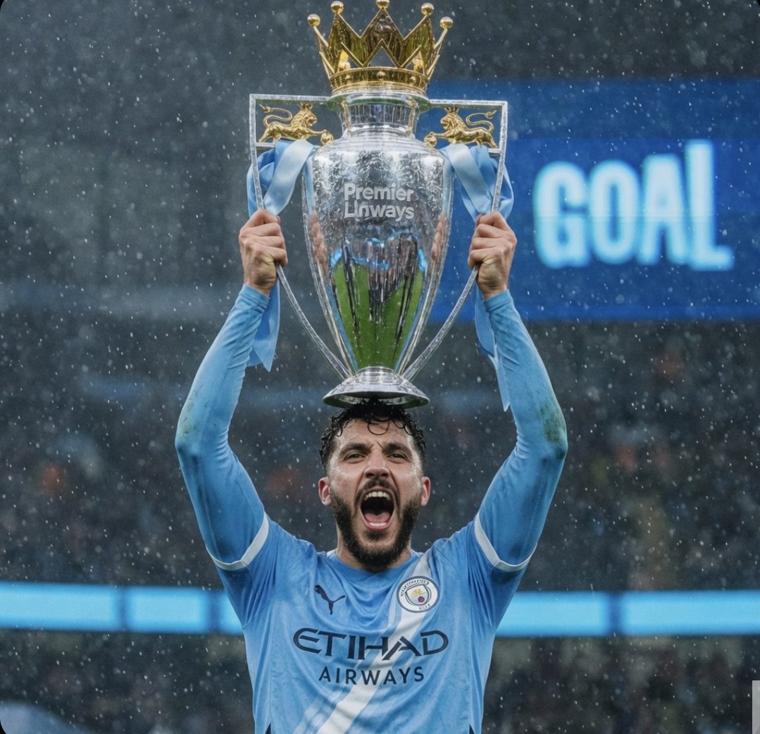 A dramatic sports photograph of a {argument name="football player" default="Manchester City player"} in a {argument nam…