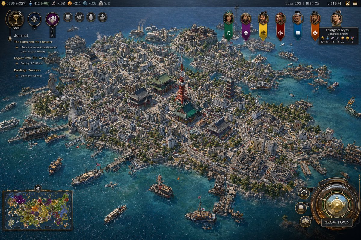 A high-detail grand strategy game screenshot in the style of a modern Civilization VII interface, showing an isometric …