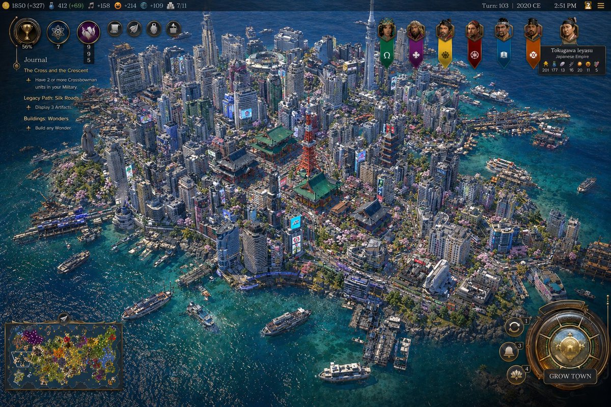 A highly detailed isometric grand-strategy video game screenshot in the style of a modern Civilization VII city view, s…