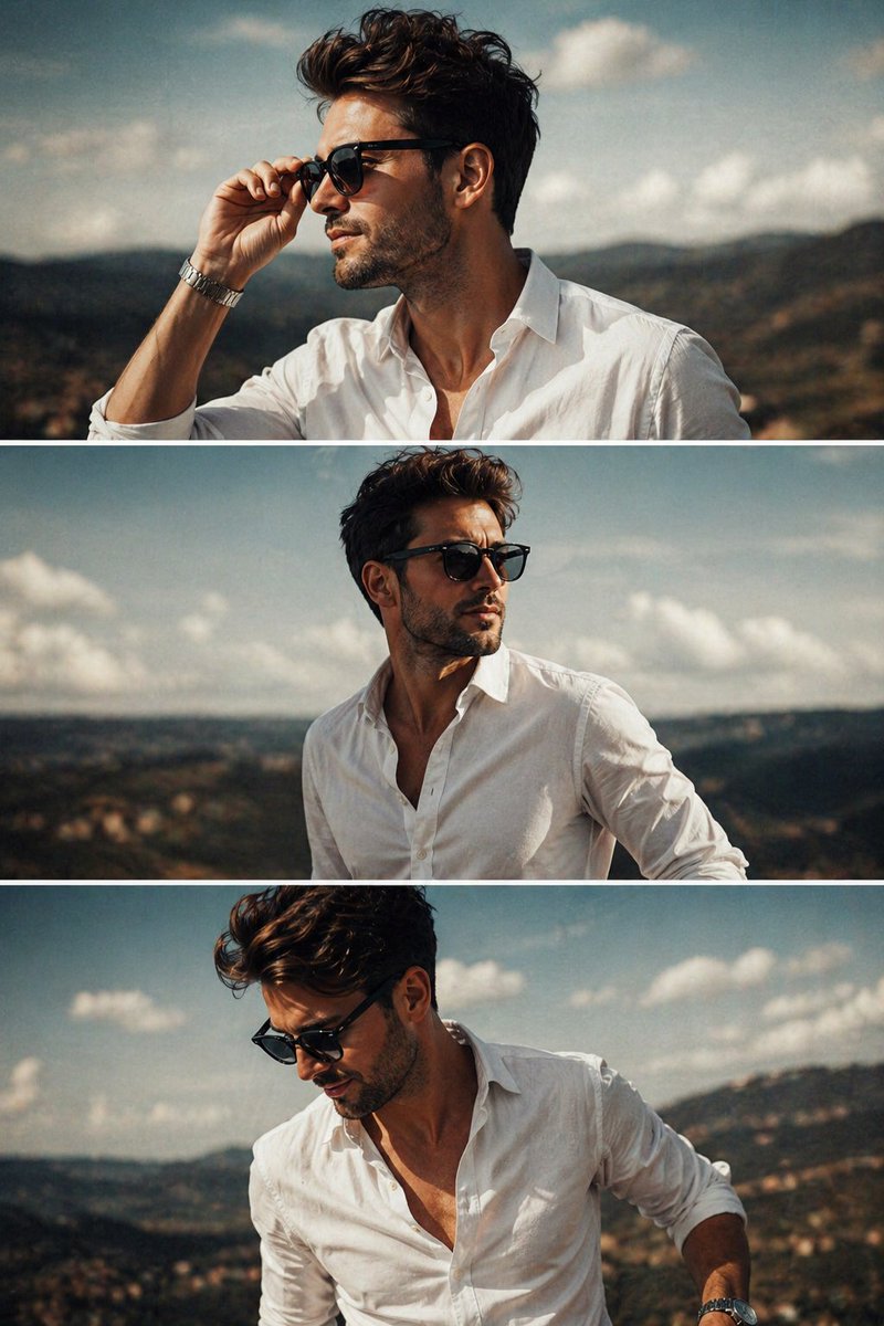 A high-contrast cinematic triptych consisting of three vertical rectangular frames stacked vertically in a single image…