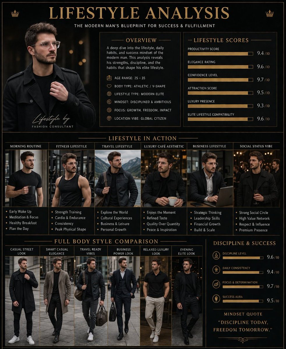 Create a premium “LIFESTYLE ANALYSIS” poster featuring the same man from the reference image. Show the same identity in…