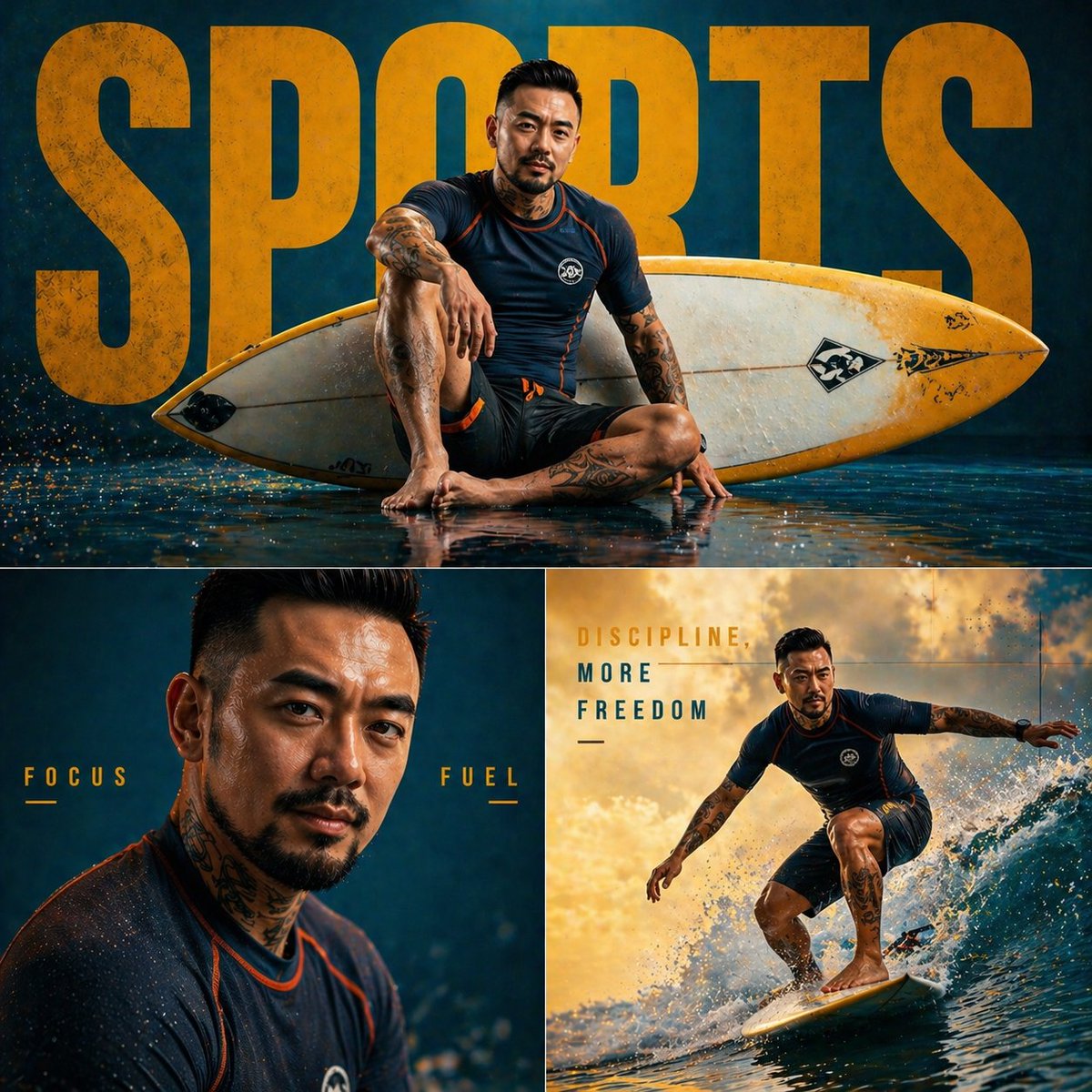 Fashion sports editorial triptych, three-panel collage composition. One large main image on top, with two smaller image…